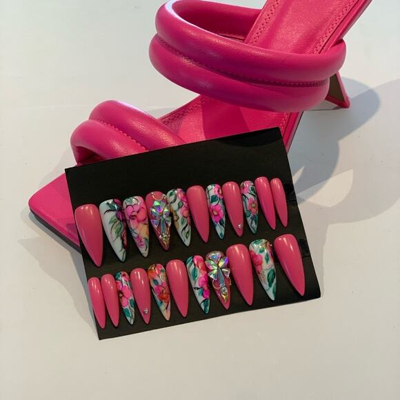 Extra Long Handmade Pink Stiletto Press On Gel Nails - Picture 2 of 4